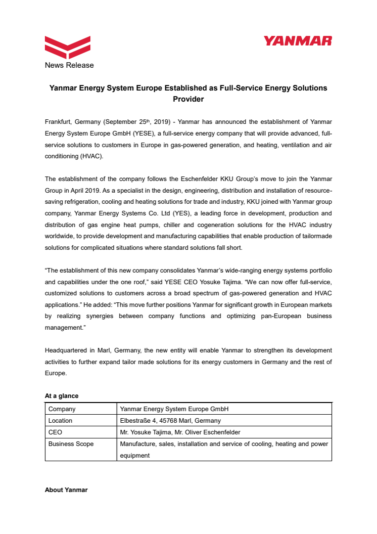 Yanmar Energy System Europe Established as Full-Service Energy Solutions Provider