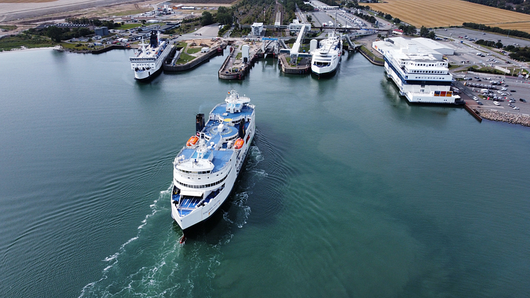 Port of Puttgarden with incoming Scandlines hybrid ferry Schleswig-Holstein