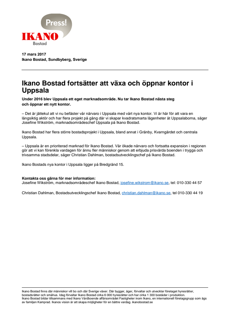 Ikano Bostad fortsätter att växa och öppnar kontor i Uppsala
