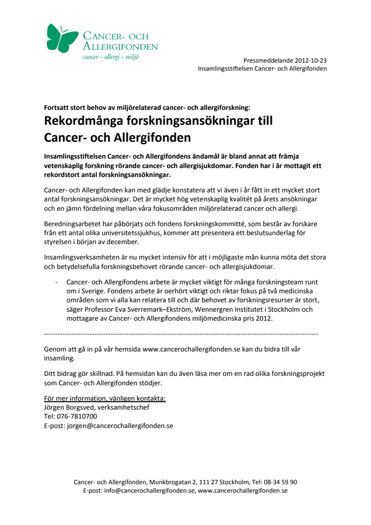 Fortsatt stort behov av miljörelaterad cancer- och allergiforskning: Rekordmånga forskningsansökningar till Cancer- och Allergifonden