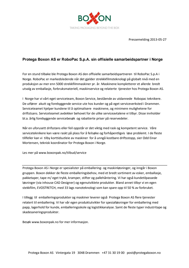Protega Boxon AS er RoboPac S.p.A sin offisielle samarbeidspartner i Norge