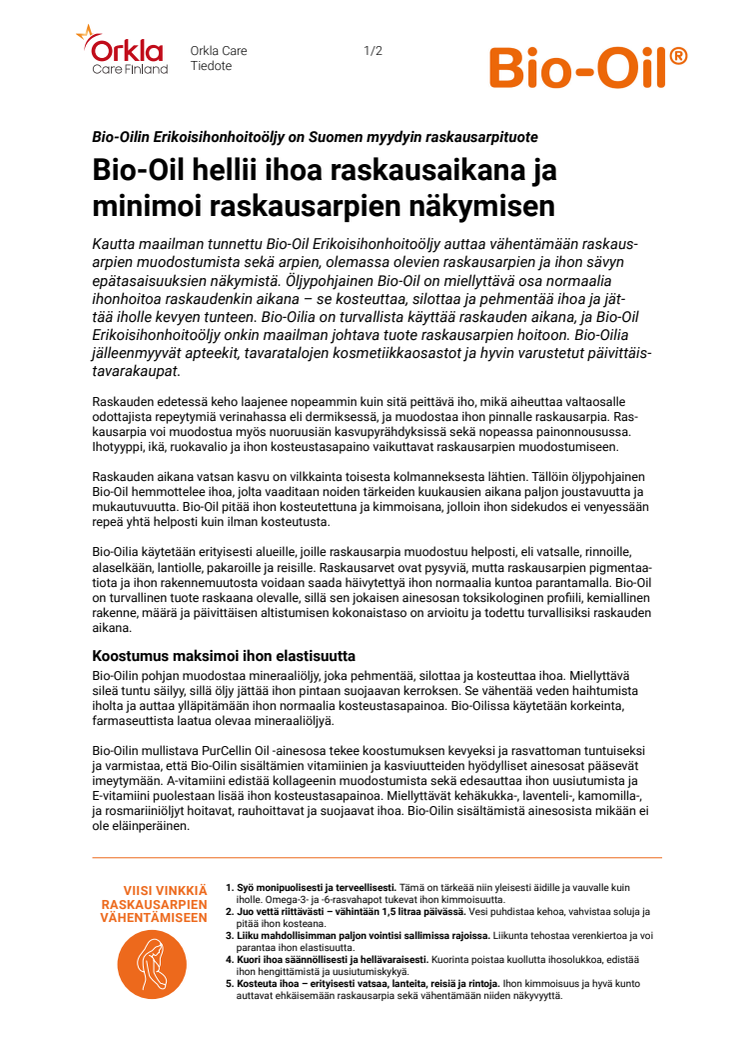 Bio-Oil hellii ihoa raskausaikana ja minimoi raskausarpien näkymisen