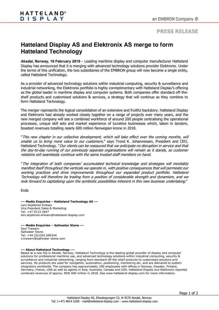 Hatteland Display AS and Elektronix AS merge to form Hatteland Technology