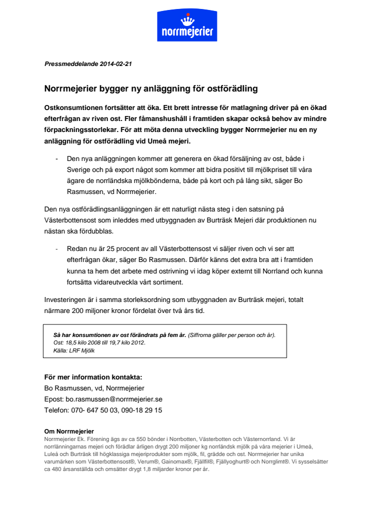 Norrmejerier bygger ny anläggning för ostförädling