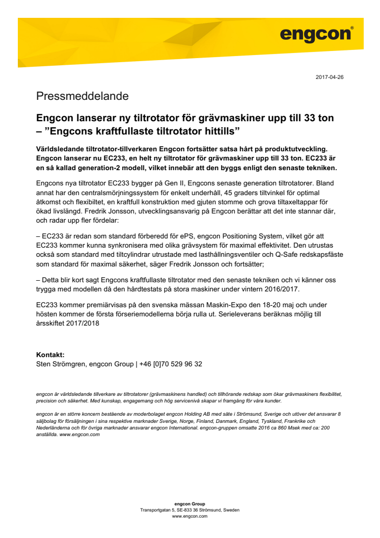 Engcon lanserar ny tiltrotator för grävmaskiner upp till 33 ton – ”Engcons kraftfullaste tiltrotator hittills”