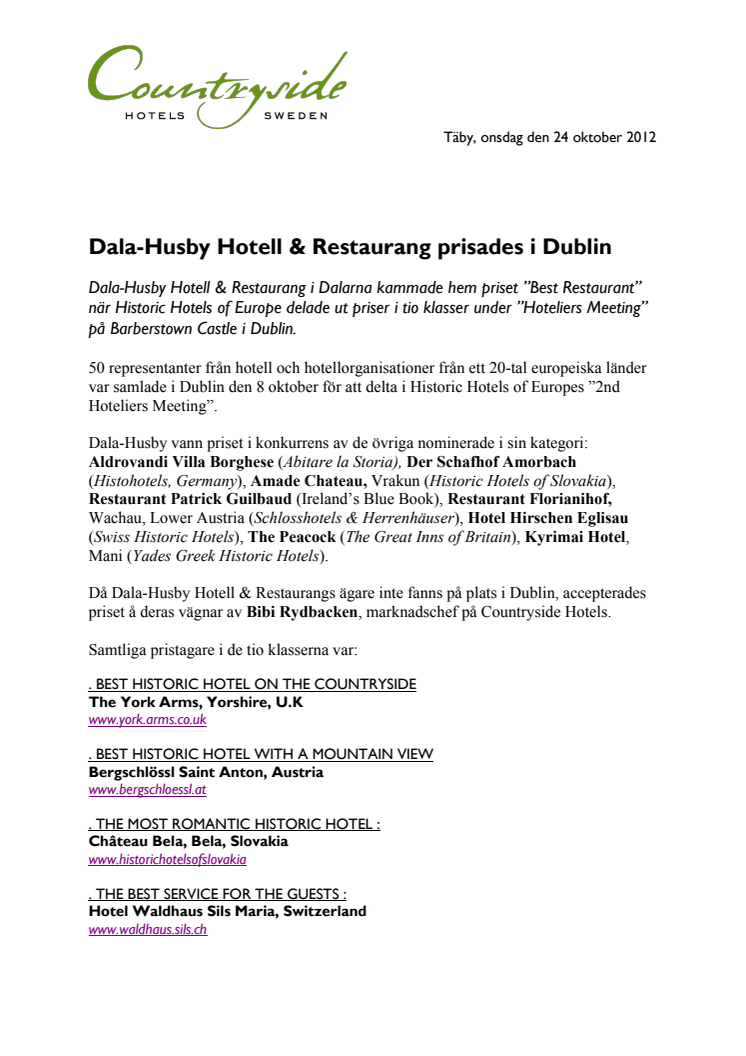 Dala-Husby Hotell & Restaurang prisades i Dublin