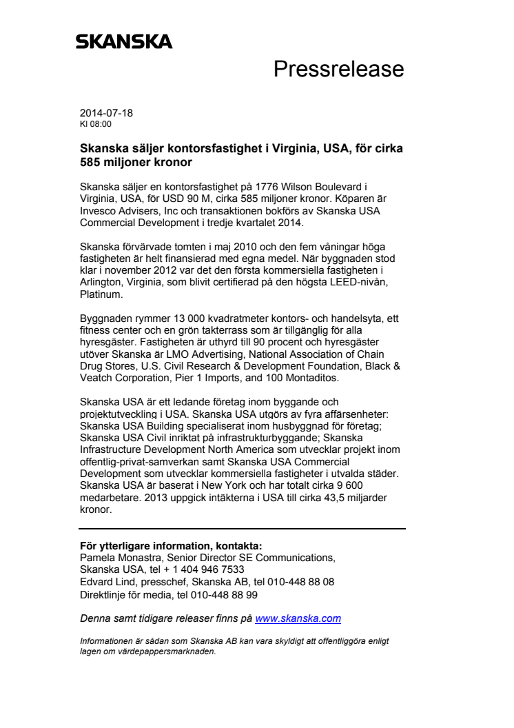 Skanska säljer kontorsfastighet i Virginia, USA, för cirka 585 miljoner kronor