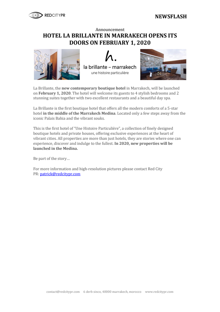 HOTEL LA BRILLANTE IN MARRAKECH OPENS ITS DOORS ON FEBRUARY 1, 2020