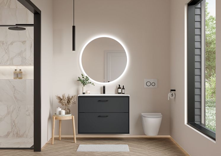 IDO Glow Art seinä-wc, IDO Sense Art allaskaluste, Option Round peili