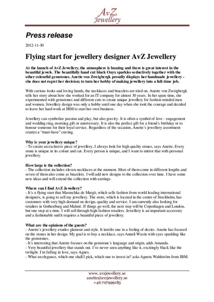 Flying start for jewellery designer AvZ Jewellery