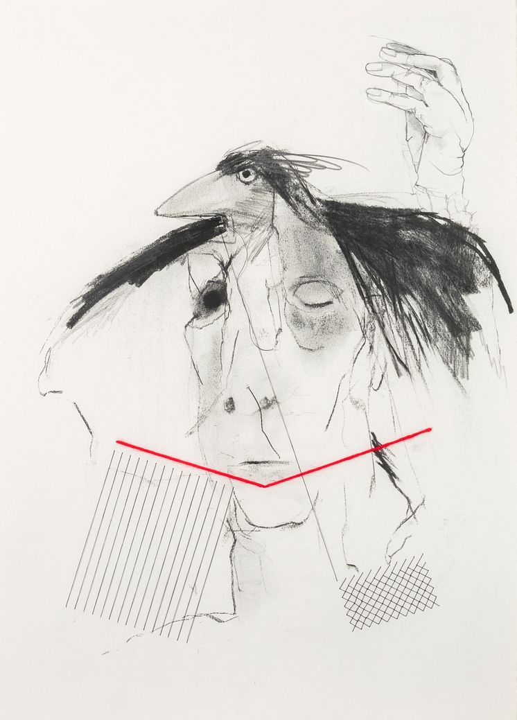 Ann Woff, Fågel Jag 16-2, 2020. Kol, pastell, blyerts och broderi, 80 x 59 cm. 