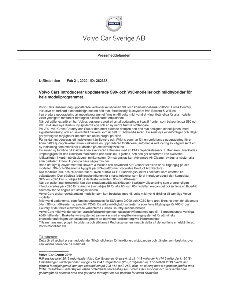 Volvo Cars introducerar uppdaterade S90- och V90-modeller och mildhybrider för hela modellprogrammet