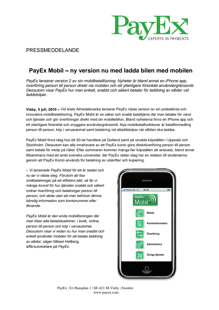 PayEx Mobil lanserar mobilbetalningsapp för iPhone