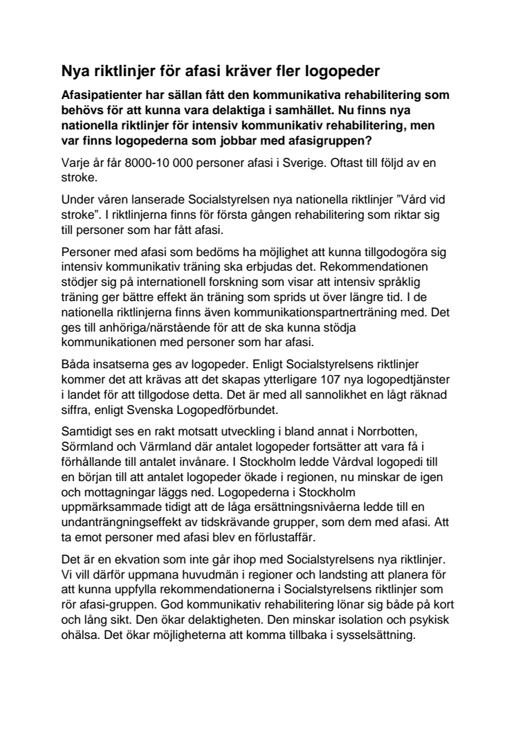 Nya riktlinjer för afasi kräver fler logopeder