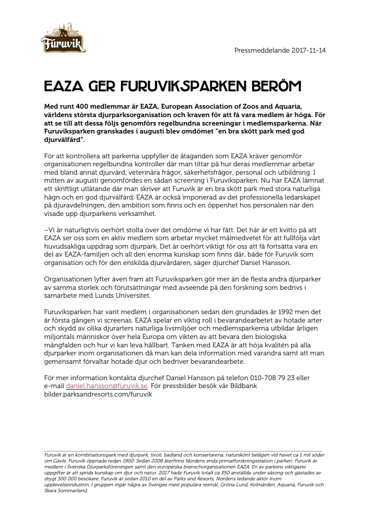 EAZA ger Furuviksparken beröm