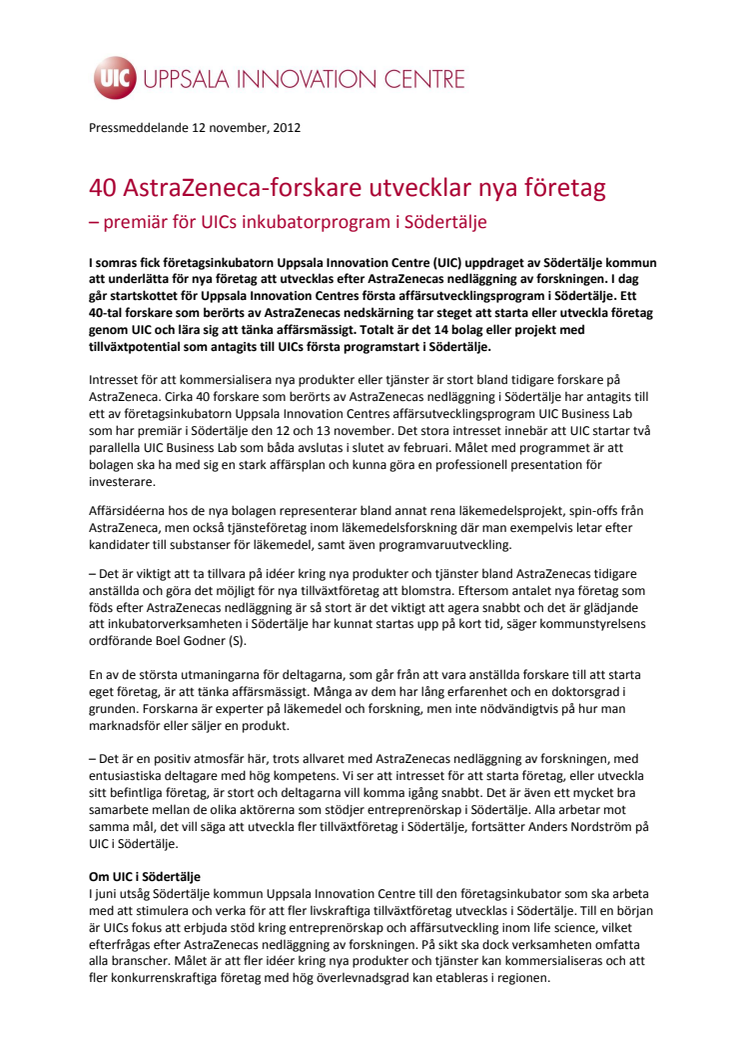 40 AstraZeneca-forskare utvecklar nya företag – premiär för UICs inkubatorprogram i Södertälje