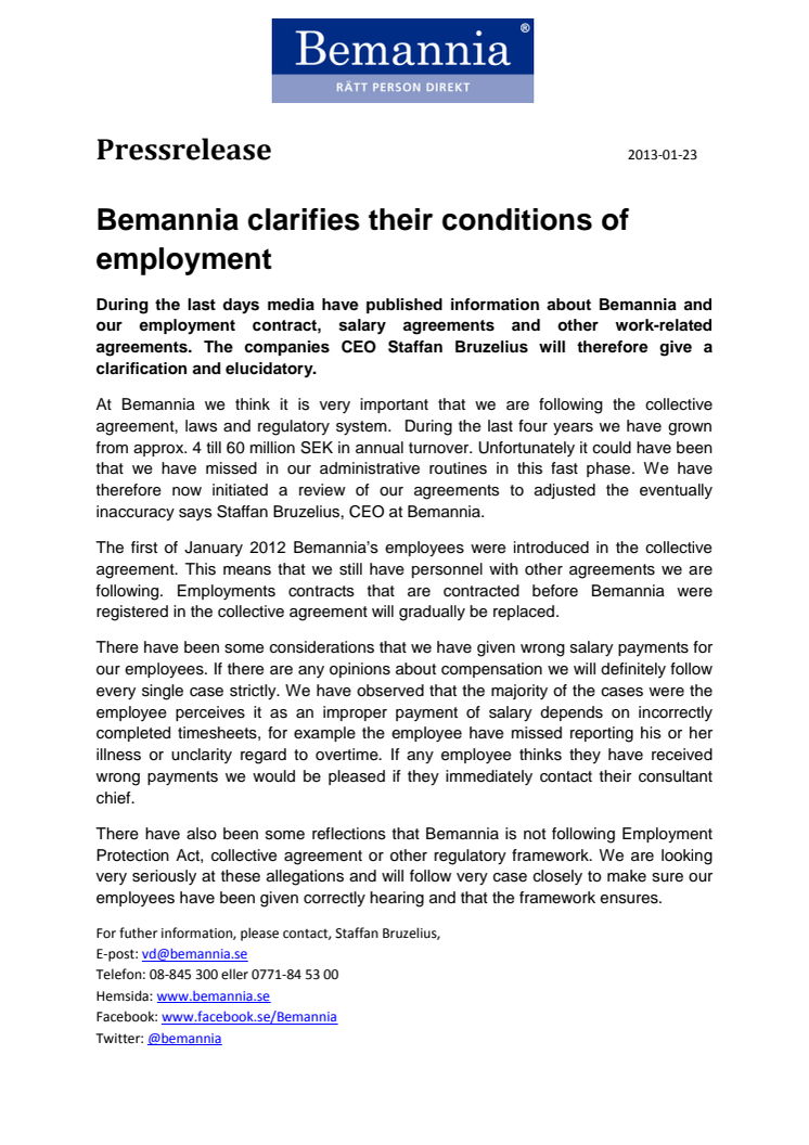  Bemannia clarifies their conditions of employment 