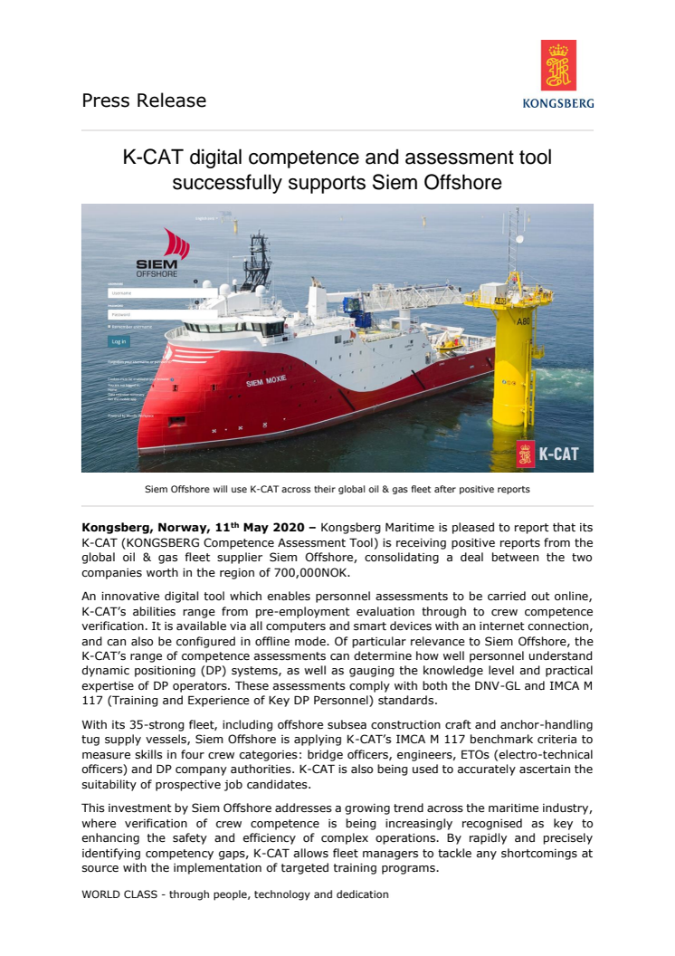 K-CAT digital competence and assessment tool successfully supports Siem Offshore