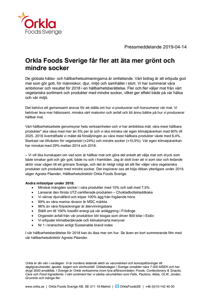 Orkla Foods Sverige får fler att äta mer grönt och mindre socker