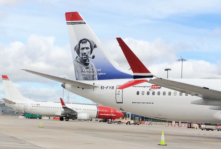 Norwegian's Tom Crean tail fin 737 MAX at Dublin Airport