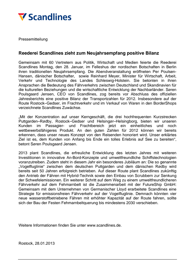 Reederei Scandlines zieht zum Neujahrsempfang positive Bilanz
