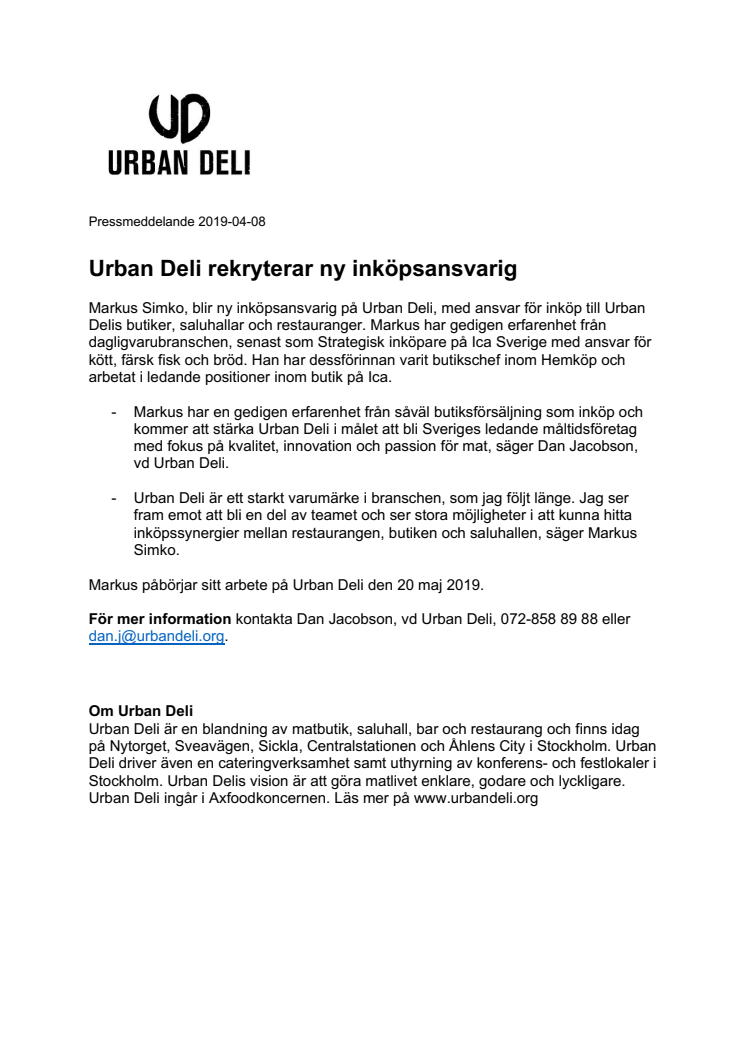 Urban Deli rekryterar ny inköpsansvarig	 