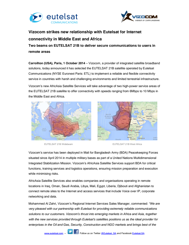 Vizocom strikes new relationship with Eutelsat for Internet connectivity in Middle East and Africa