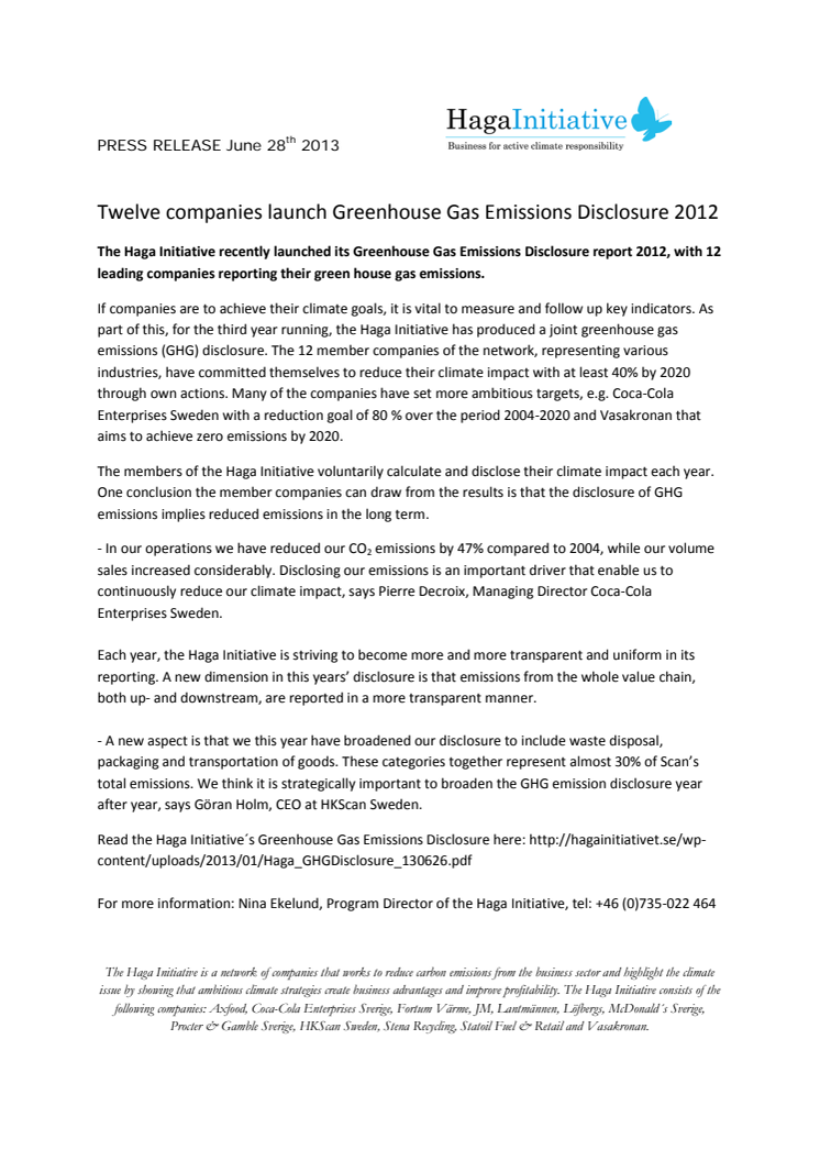 Twelve companies launch Greenhouse Gas Emissions Disclosure 2012