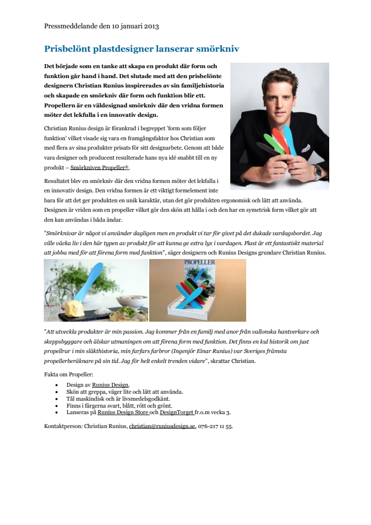 Prisbelönt plastdesigner lanserar smörkniv