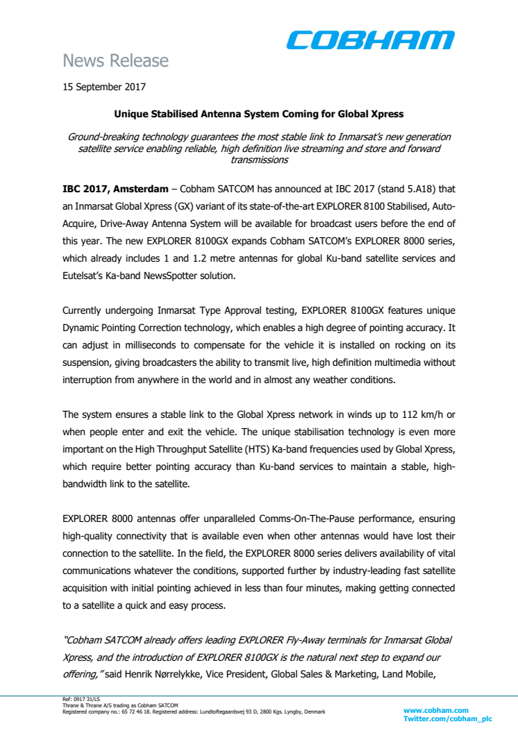 Cobham SATCOM: Unique Stabilised Antenna System Coming for Global Xpress