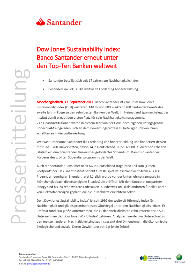 Dow Jones Sustainability Index: Banco Santander erneut unter den Top-Ten Banken weltweit