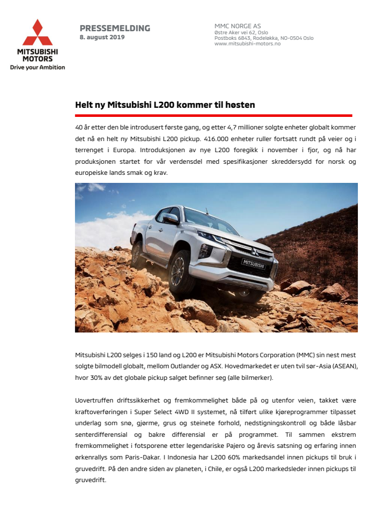 Helt ny Mitsubishi L200 kommer til høsten