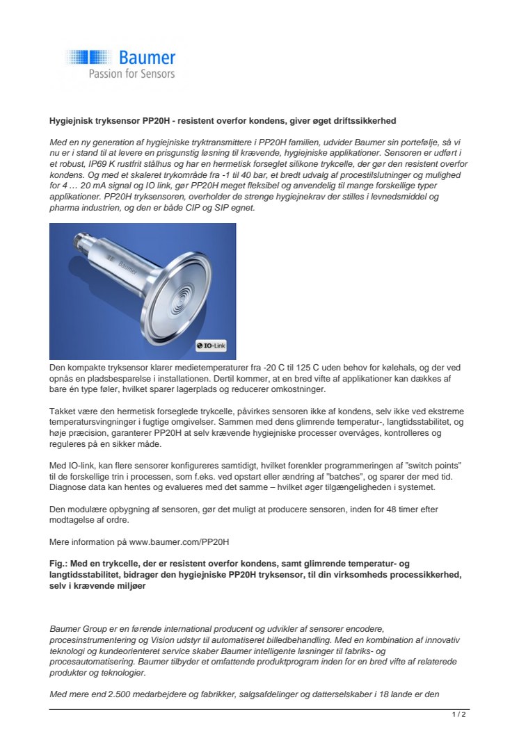 Hygiejnisk tryksensor PP20H