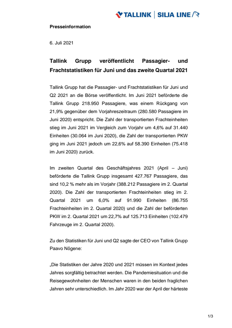 Tallink Grupp veröffentlicht Passagier- und Frachtstatistiken für Juni und das zweite Quartal 2021 