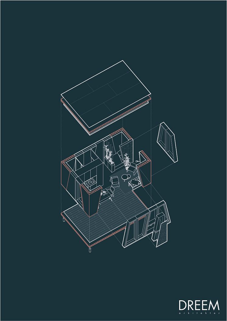Ritning över modulen i förslaget 'Collective Geometries' använd i enbostadshus.