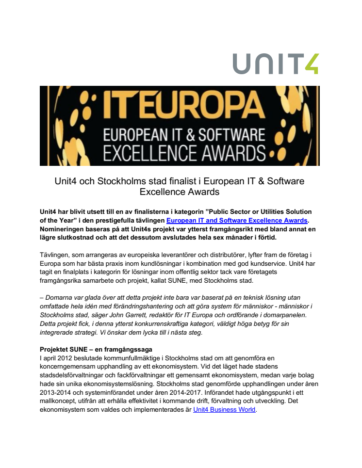 SUNE vann – Unit4 och Stockholms stad prisade i European IT & Software Excellence Awards