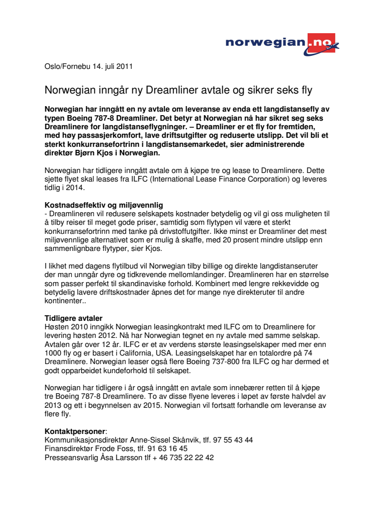 Norwegian inngår ny Dreamliner avtale og sikrer seks fly