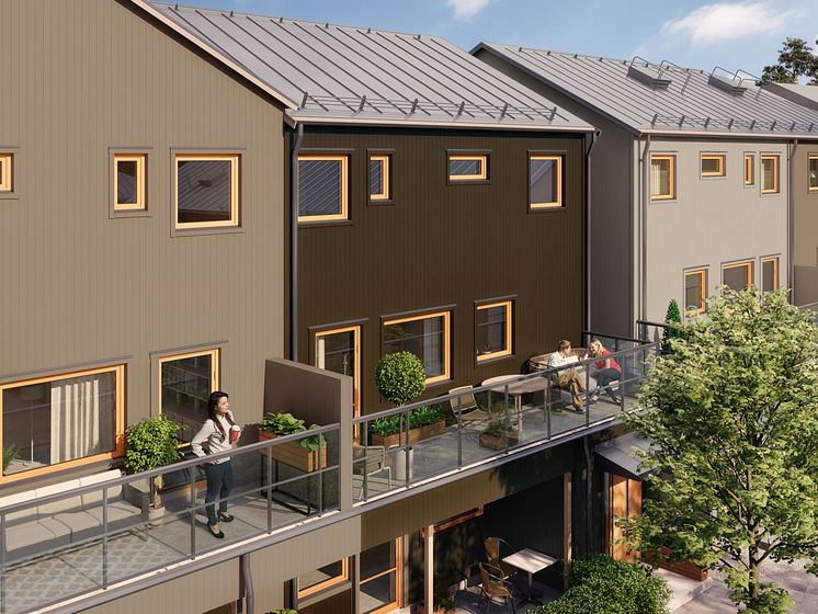 Brf Elins Trädgårdar - 3D-bild av balkonger i flerbostadshus. 