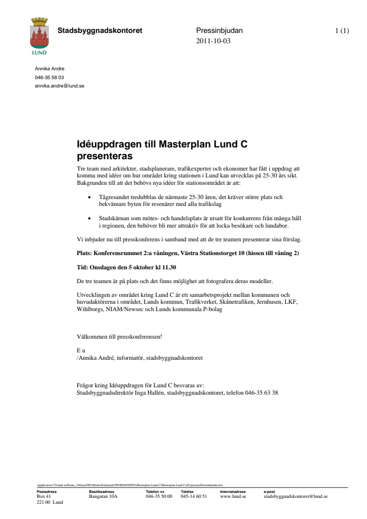 Idéuppdragen till  Masterplan Lund C presenteras