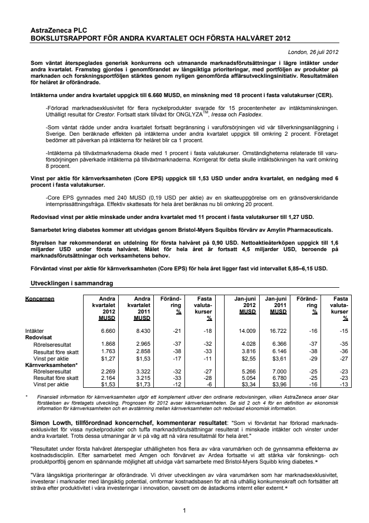 AstraZenecas bokslutsrapport för andra kvartalet och första halvåret 2012, del I