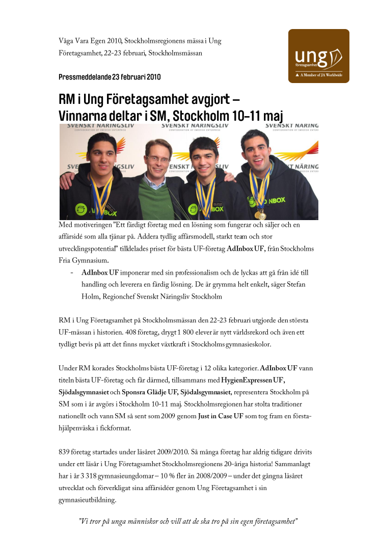 RM i Ung Företagsamhet avgjort – Vinnarna deltar i SM, Stockholm 10-11 maj