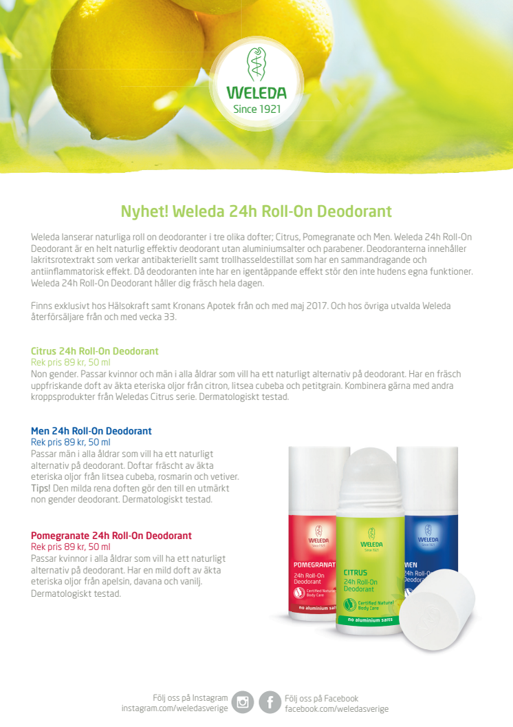 Nyhet! Weleda 24h Roll-On Deodorant