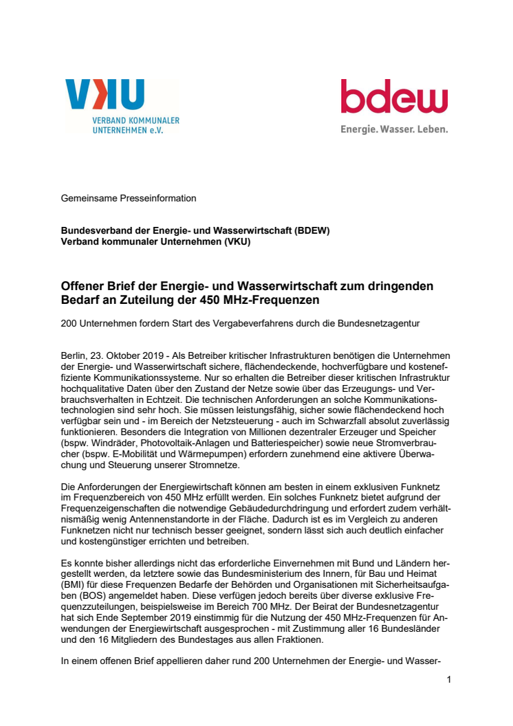 Offener Brief der Energie- und Wasserwirtschaft zum dringenden Bedarf an Zuteilung der 450 MHz-Frequenzen 