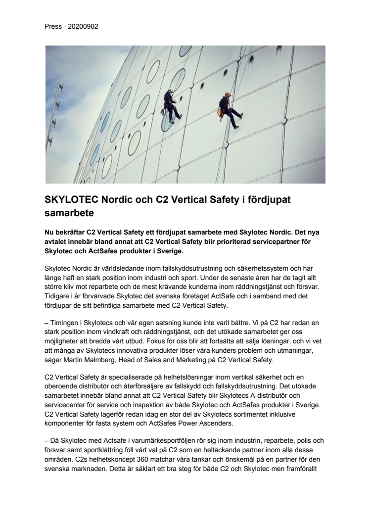 ​SKYLOTEC Nordic och C2 Vertical Safety i fördjupat samarbete