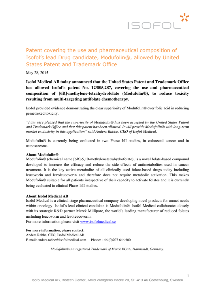 Patent covering the use and pharmaceutical composition of Isofol’s lead Drug candidate, Modufolin®, allowed by United States Patent and Trademark Office