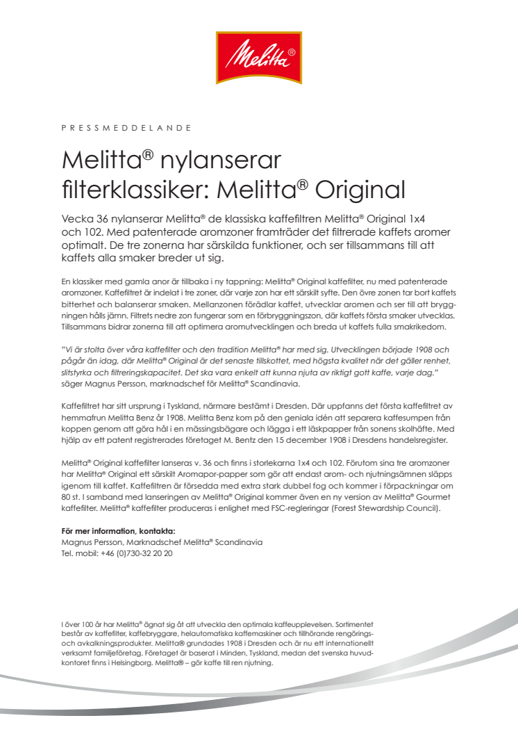 Melitta® nylanserar filterklassiker: Melitta® Original