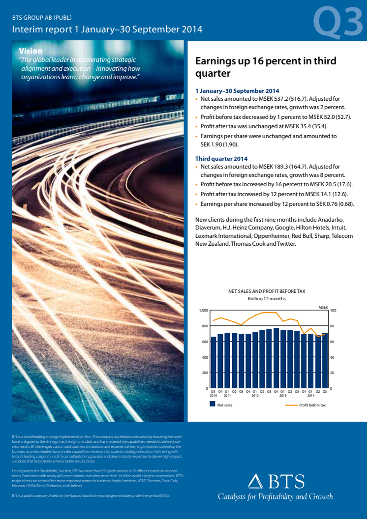 BTS Group Group AB (publ) January 1 - September 31, 2014 Interim Report