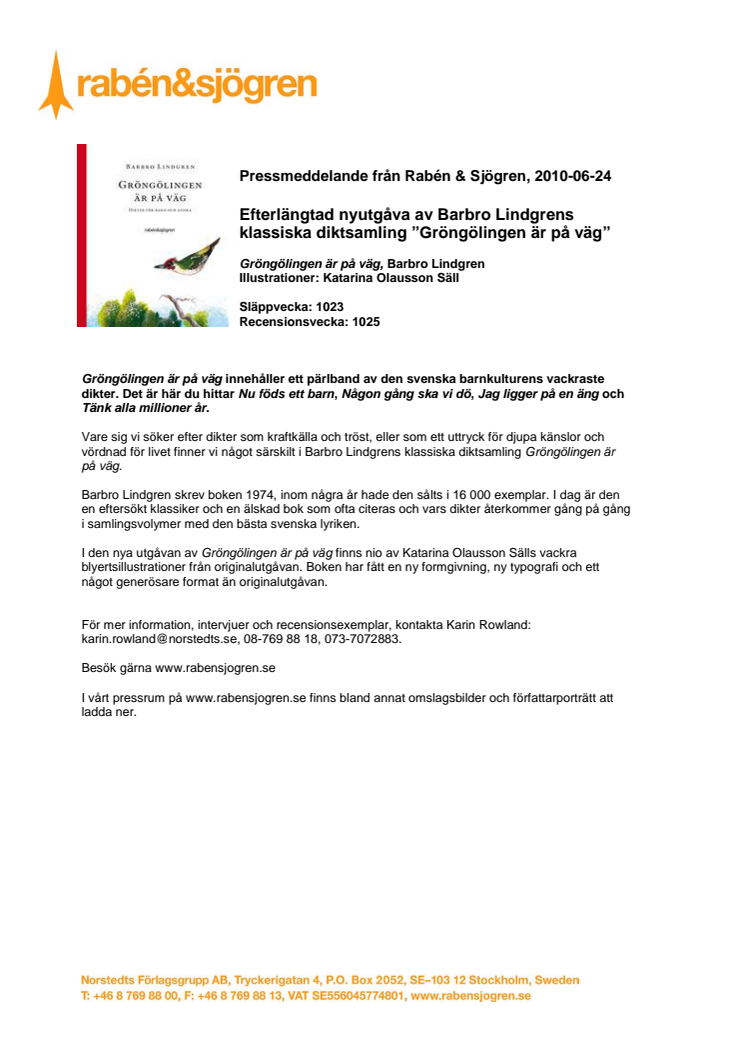 Efterlängtad nyutgåva av Barbro Lindgrens klassiska diktsamling ”Gröngölingen är på väg”  