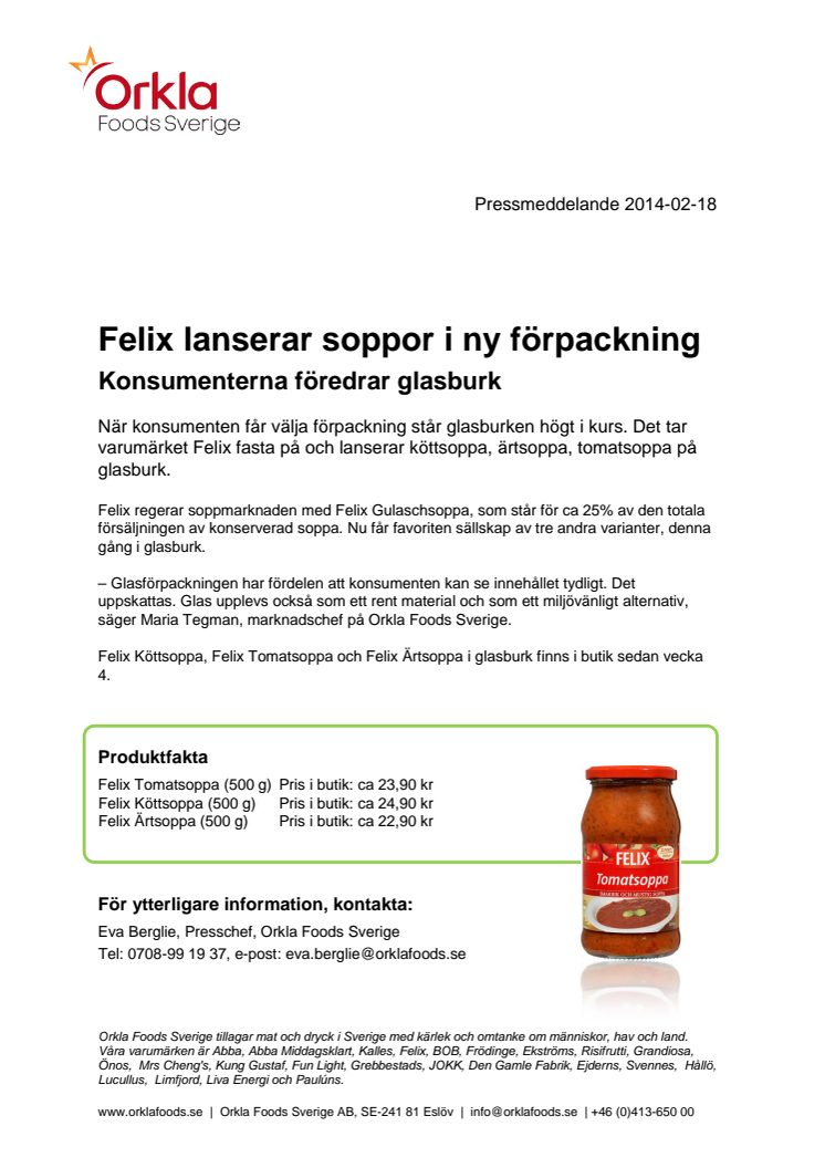 Felix lanserar soppor i ny förpackning - Konsumenterna föredrar glasburk