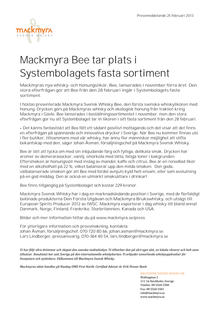 Mackmyra Bee tar plats i Systembolagets fasta sortiment
